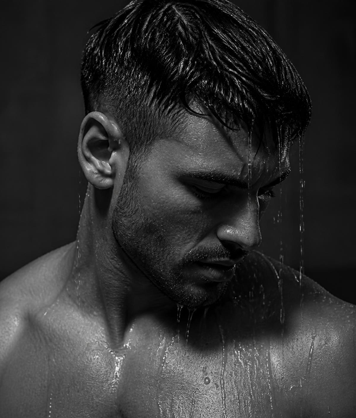 Editorial portrait of a man under running shower water