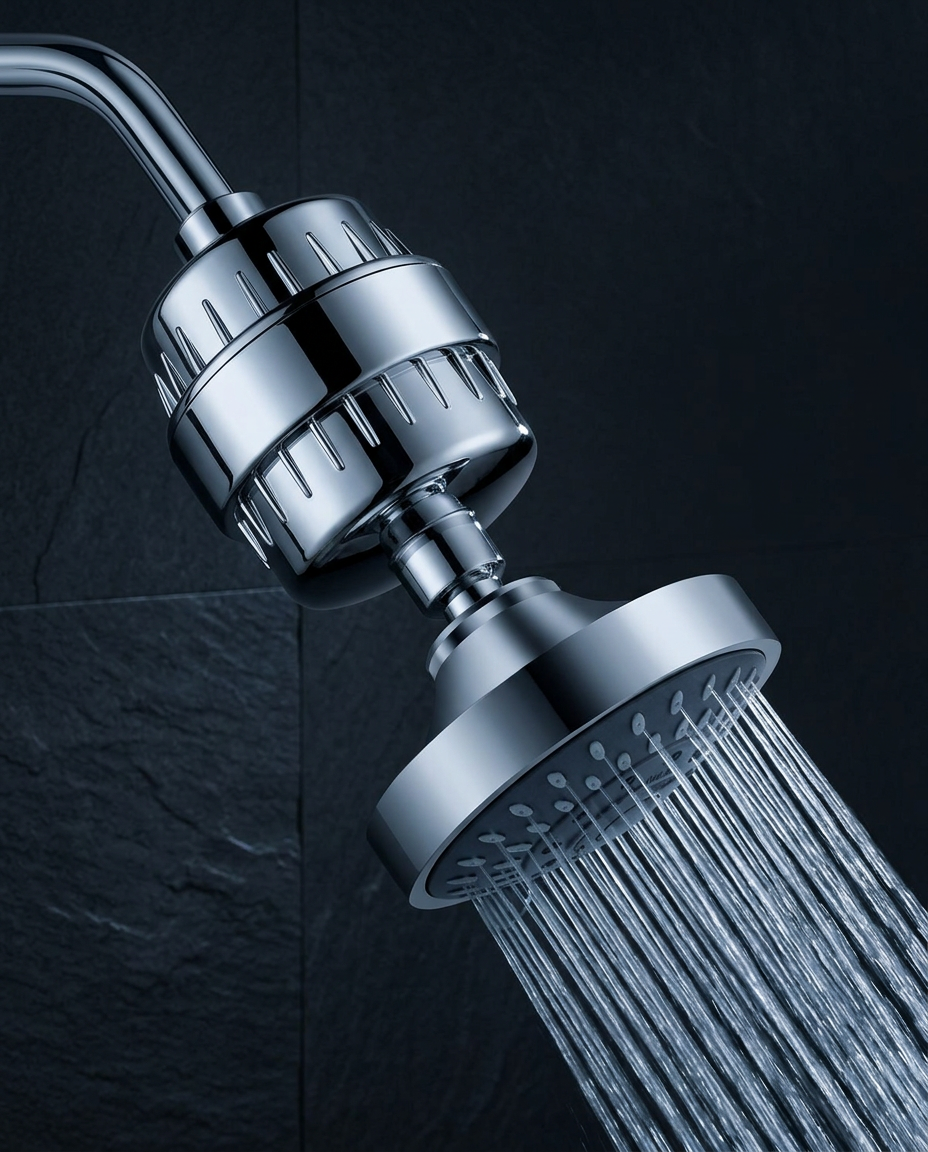 AVRENZO ONE installed inline between the shower arm and the shower head