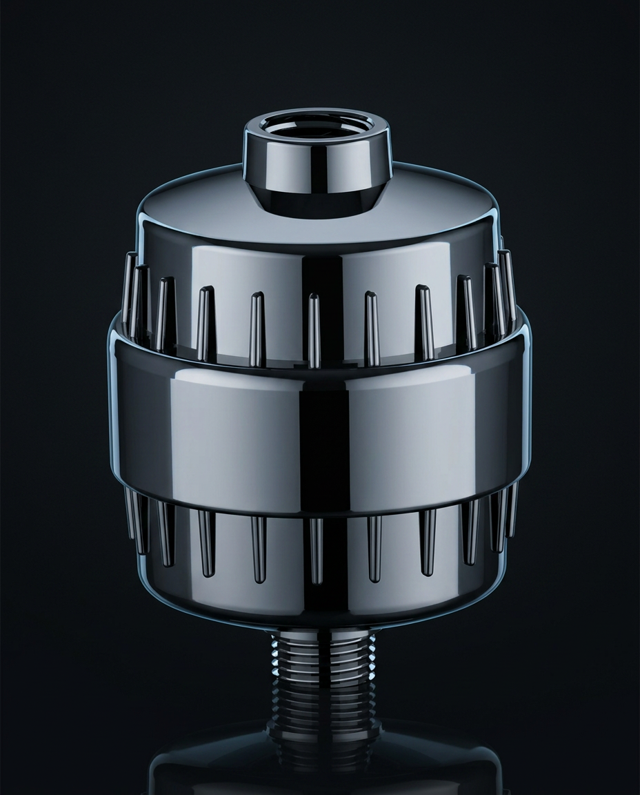 AVRENZO ONE inline shower filter shown on a dark background